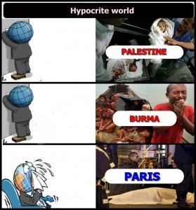 Dunia Diam terhdap Pembataian Ribuan Muslim di Palestina, Irak, Afganistan, Myanmar, dll, setiap Hari. Namun menangis untuk Paris hari ini (Foto : Istimewa)